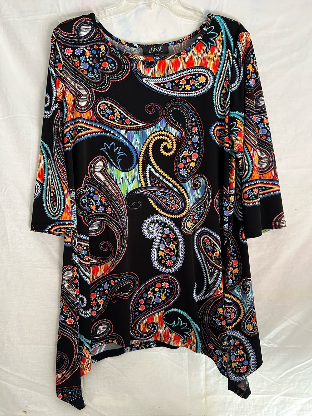 LBISSE 1X Multicolor Paisley Floral Tunic Top 3/4 Sleeve Asymmetrical Hem USA